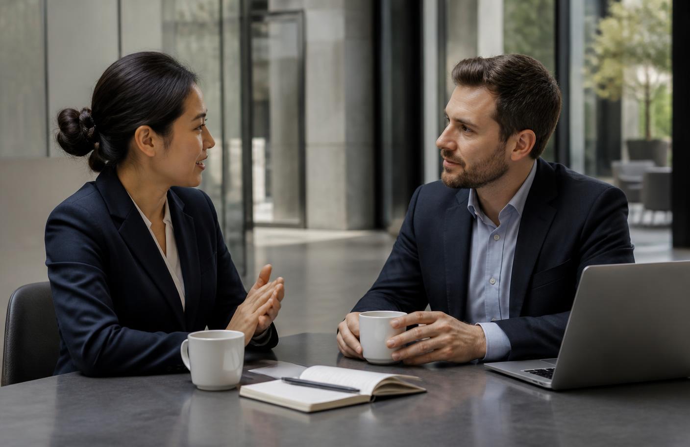 Dois profissionais em uma conversa de networking